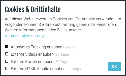 Das Hinweis-Fenster zum Consent-Management für externe Inhalte sowie Tracking