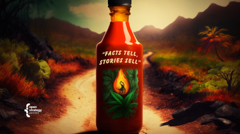 A virtual bottle of sriracha before an abandoned road reading "facts tell, stories sell"