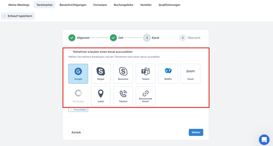 Kanal aussuchen für neues Meeting bei Meetergo