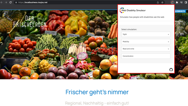 Screenshot wie Sie in der Chrome Extension Web Disability Checker die gewuenschte Simulation einstellen